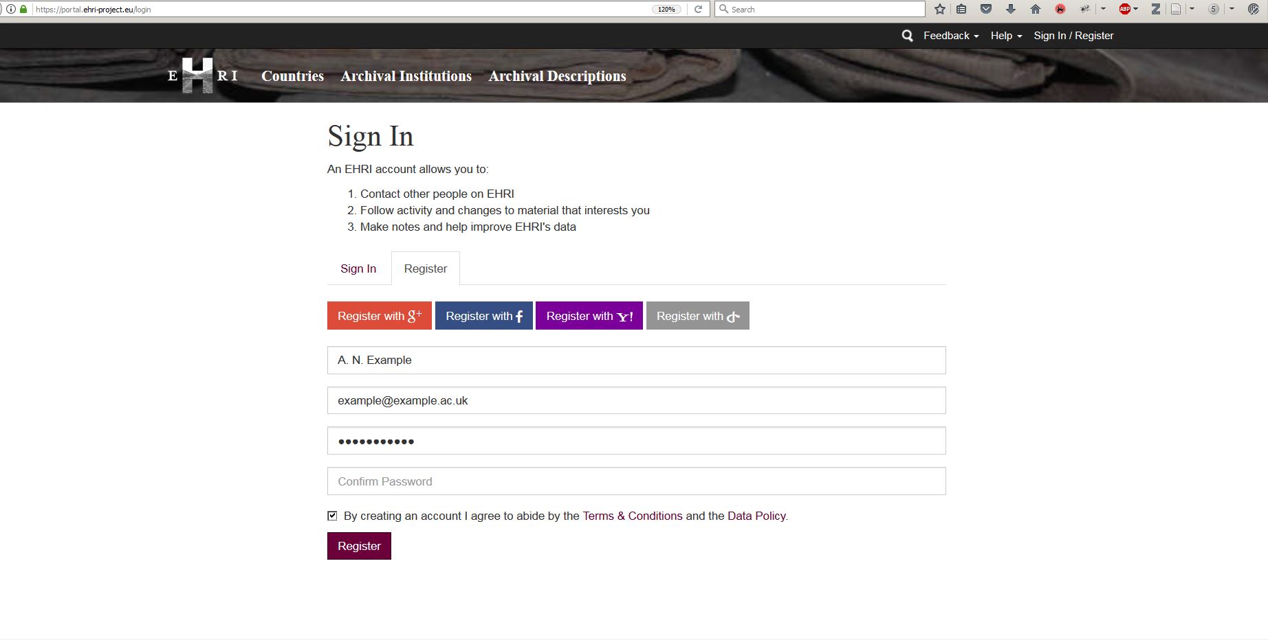 Portal registration screenshot
